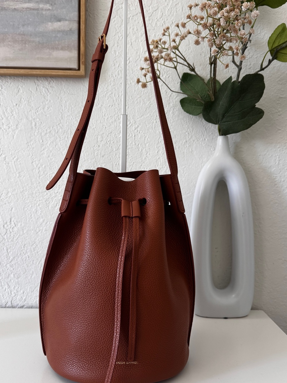 Mansur Gavriel Chestnut Brown Pebbled Leather Drawstring Bucket Bag